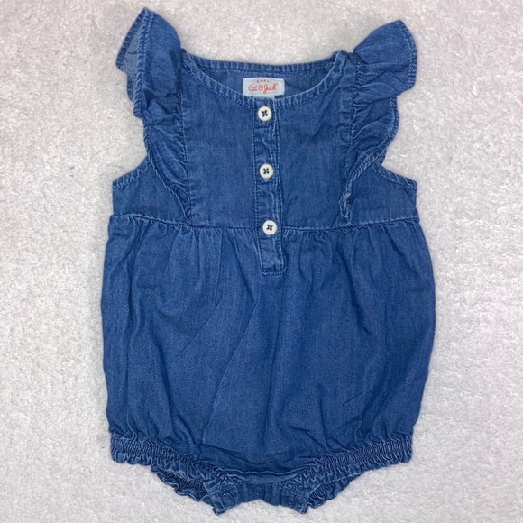 Cat & jack chambray denim ruffle summer bubble romper one piece 6-9m - Picture 1 of 8